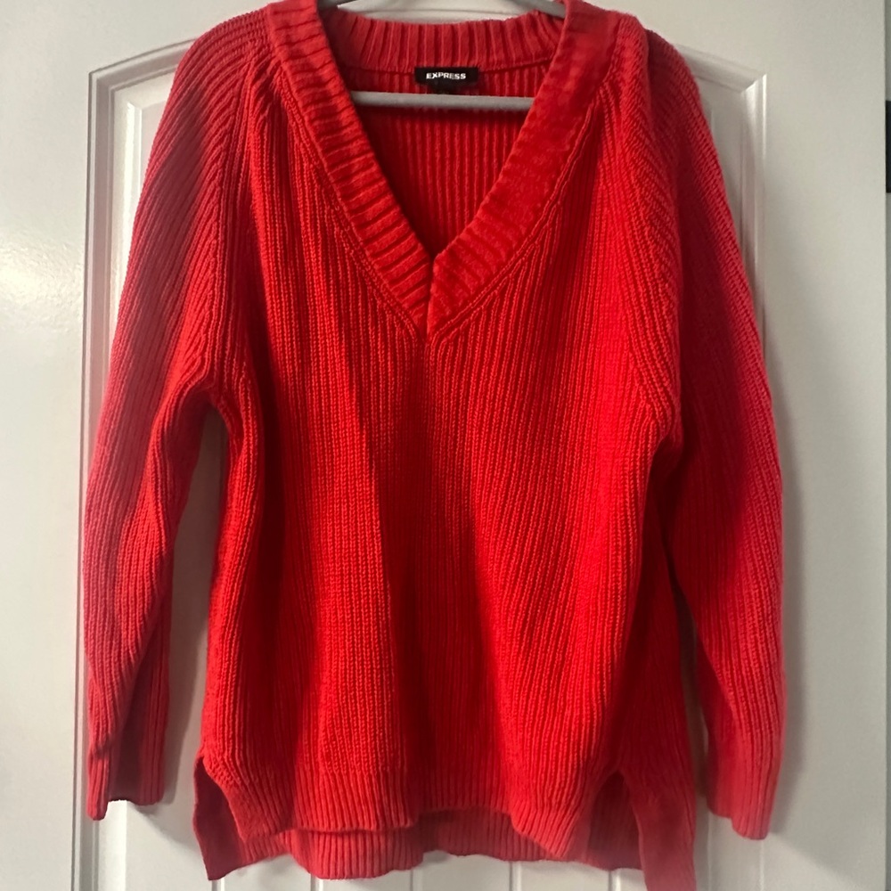 Express Women's Vibrant Red V-Neck Sweater